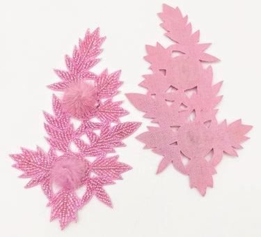 Pink Hand Embroidered Floral Applique, Beaded Floral Motif With Feather Pom Pom, 1 Pc